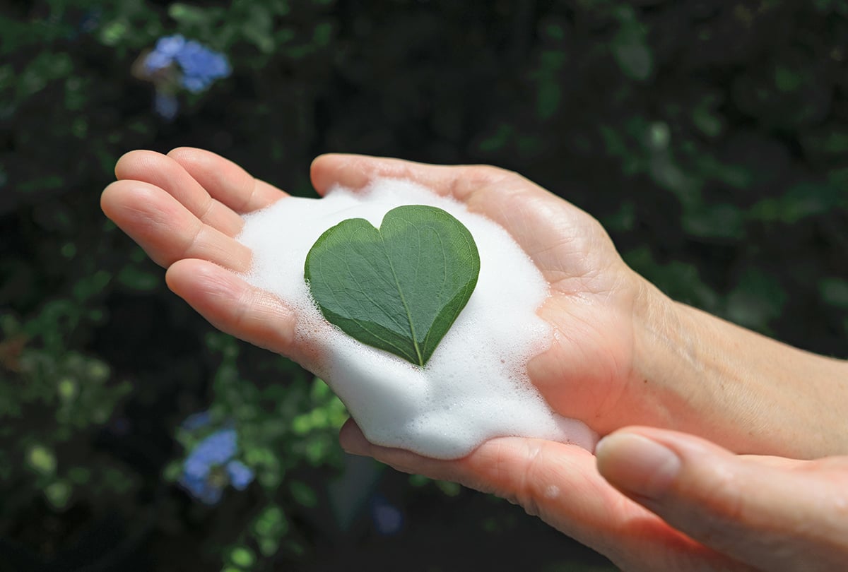 Shampoo-Schaum auf Hand mit herzförmigem grünen Blatt